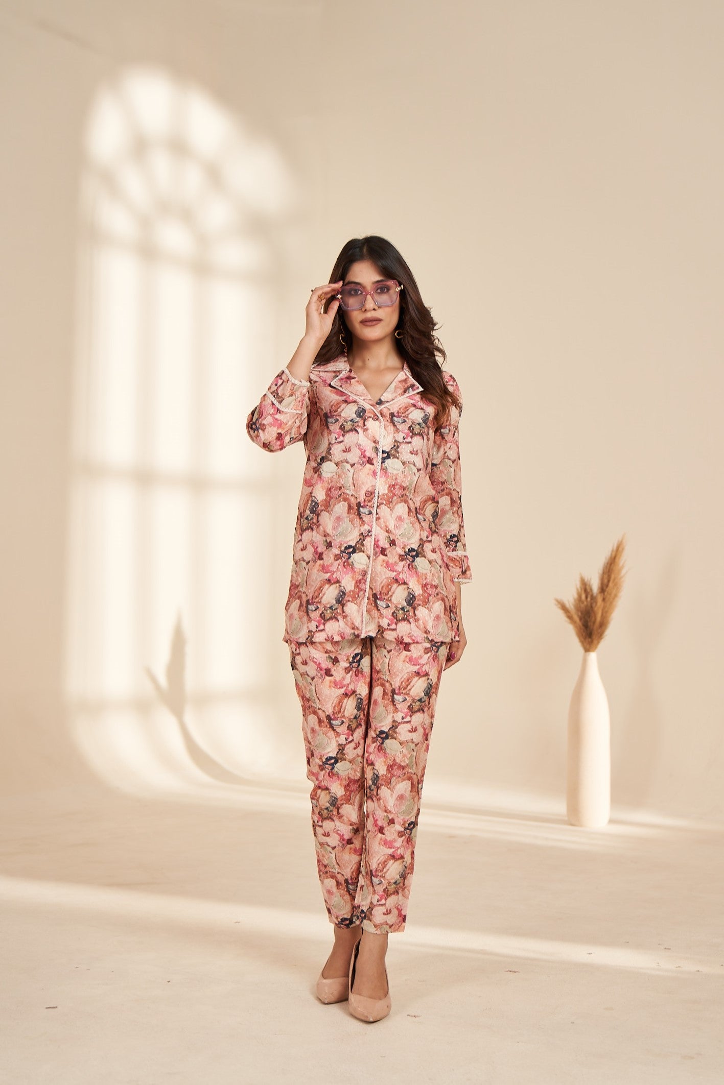 pink foil printed rayon co ord set
