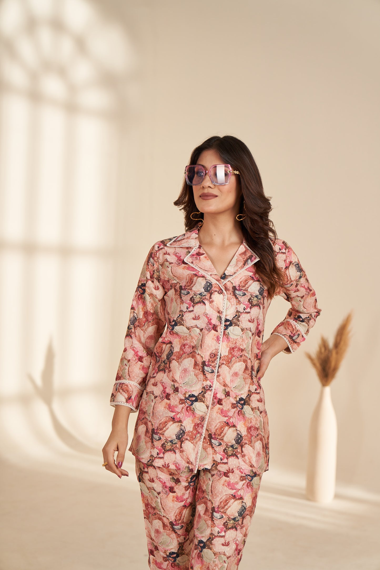 pink foil printed rayon co ord set