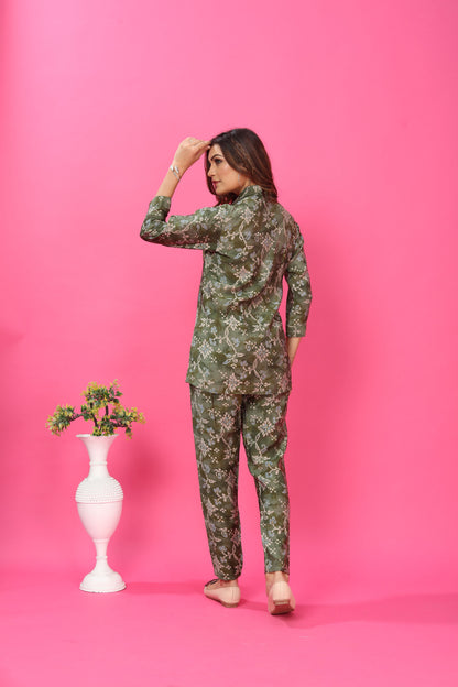 Bottle Green Floral Printed Chanderi Co Ord Set