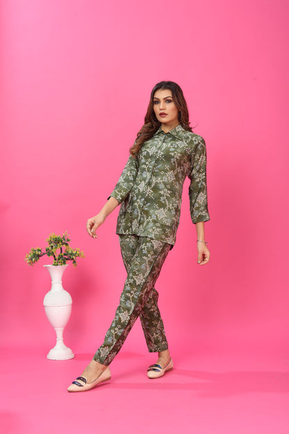 Bottle Green Floral Printed Chanderi Co Ord Set