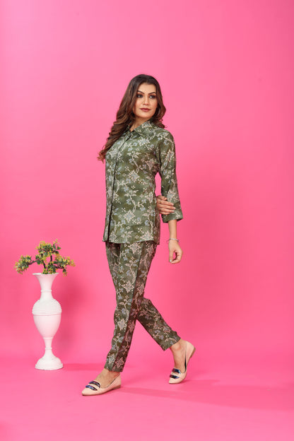 Bottle Green Floral Printed Chanderi Co Ord Set
