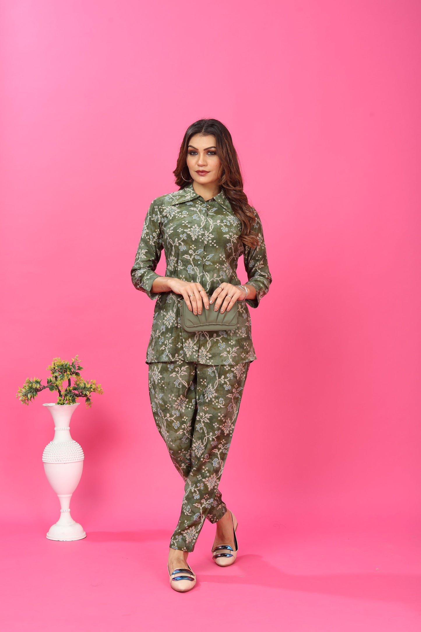 bottle green floral printed chanderi co ord set