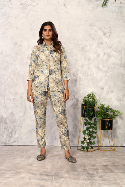 Beige & Grey Floral Printed Rayon Co Ord Set