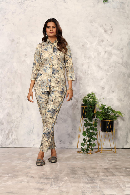 Beige & Grey Floral Printed Rayon Co Ord Set