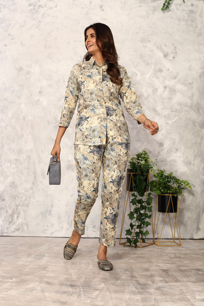 Beige & Grey Floral Printed Rayon Co Ord Set
