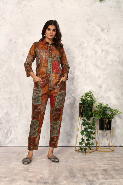 Brown Floral Printed Rayon Co Ord Set