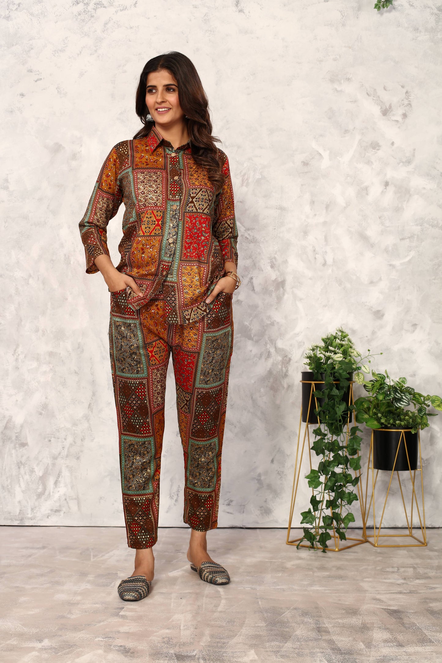 brown floral printed rayon co ord set
