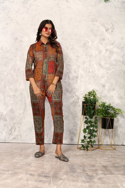 Brown Floral Printed Rayon Co Ord Set