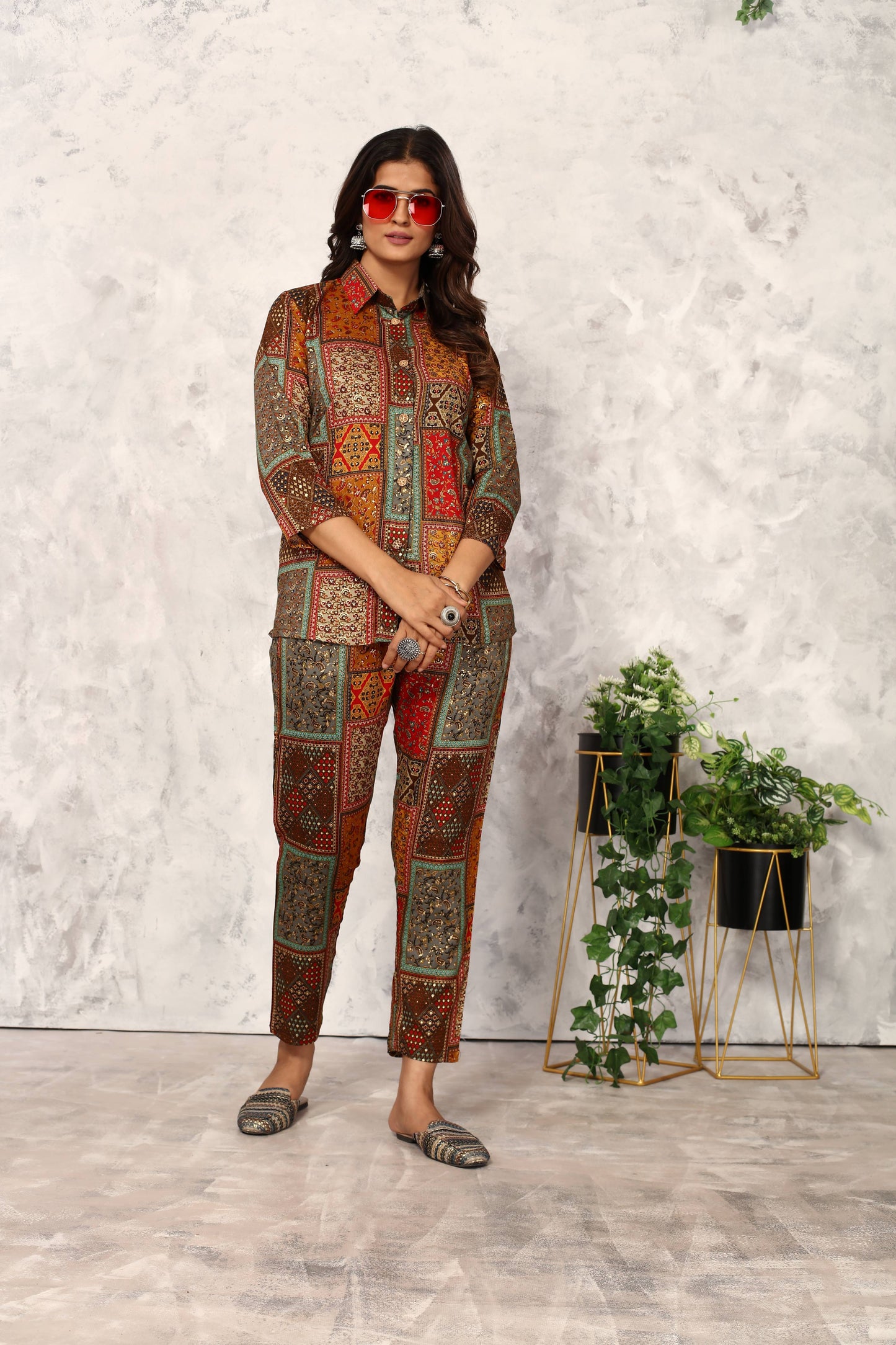 brown floral printed rayon co ord set