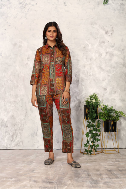 Brown Floral Printed Rayon Co Ord Set