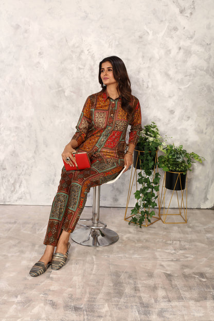 Brown Floral Printed Rayon Co Ord Set