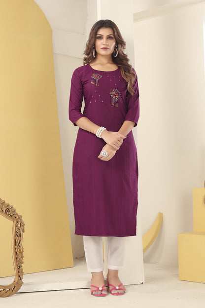 Purple Floral Embroidered Art Silk Kurti With Pent