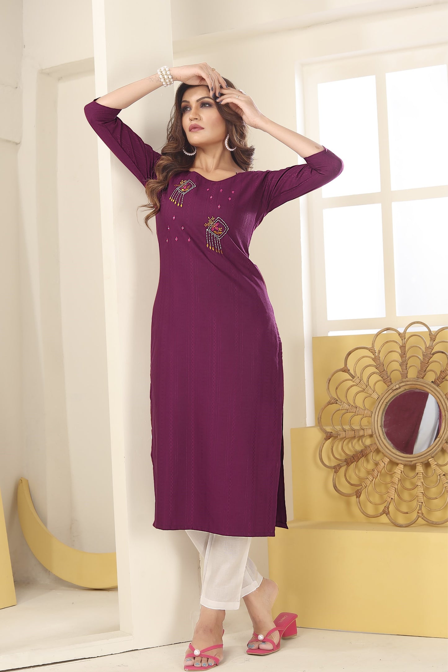 purple floral embroidered art silk kurti with pent
