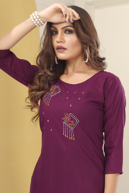 Purple Floral Embroidered Art Silk Kurti With Pent