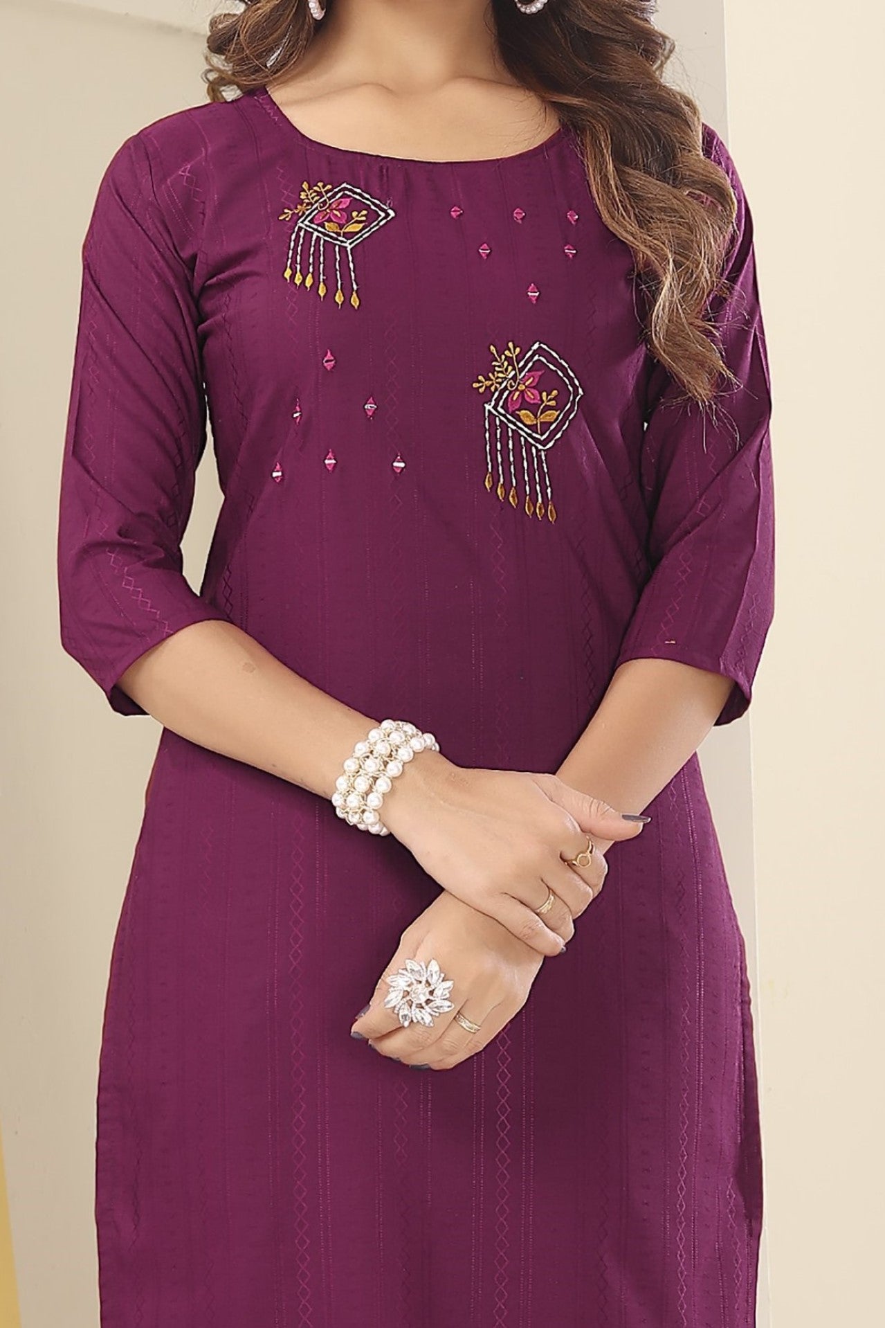 purple floral embroidered art silk kurti with pent