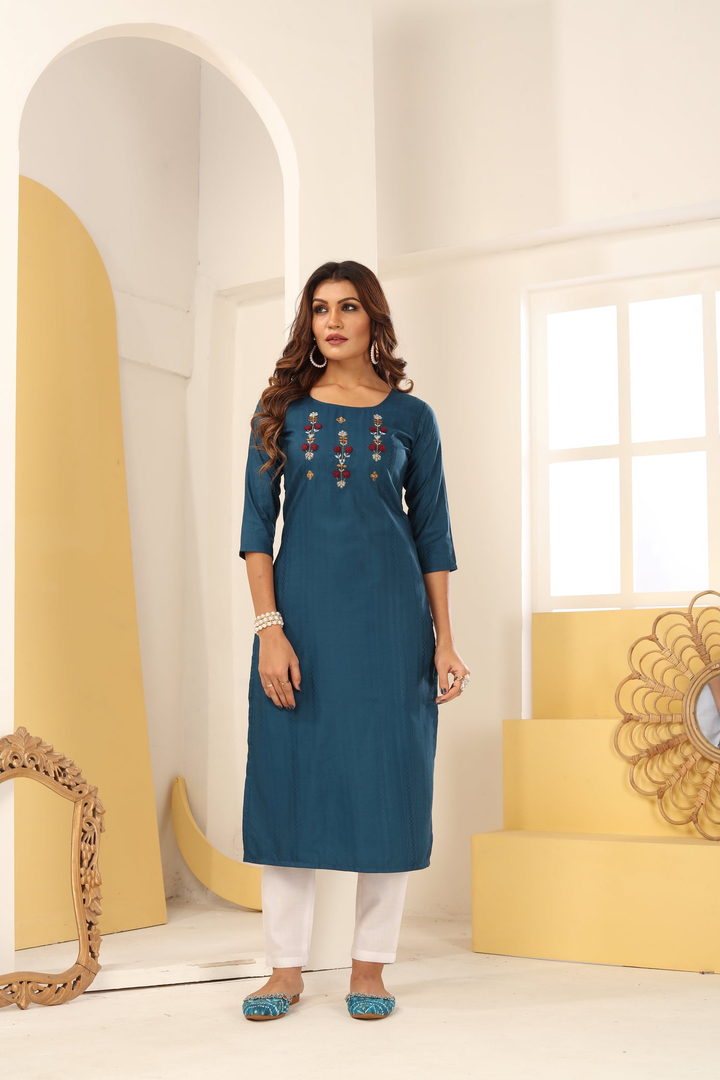morpich floral embroidered art silk kurti with pent