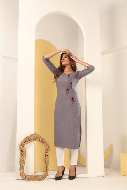 Grey  Floral Embroidered Art Silk Kurti With Pent