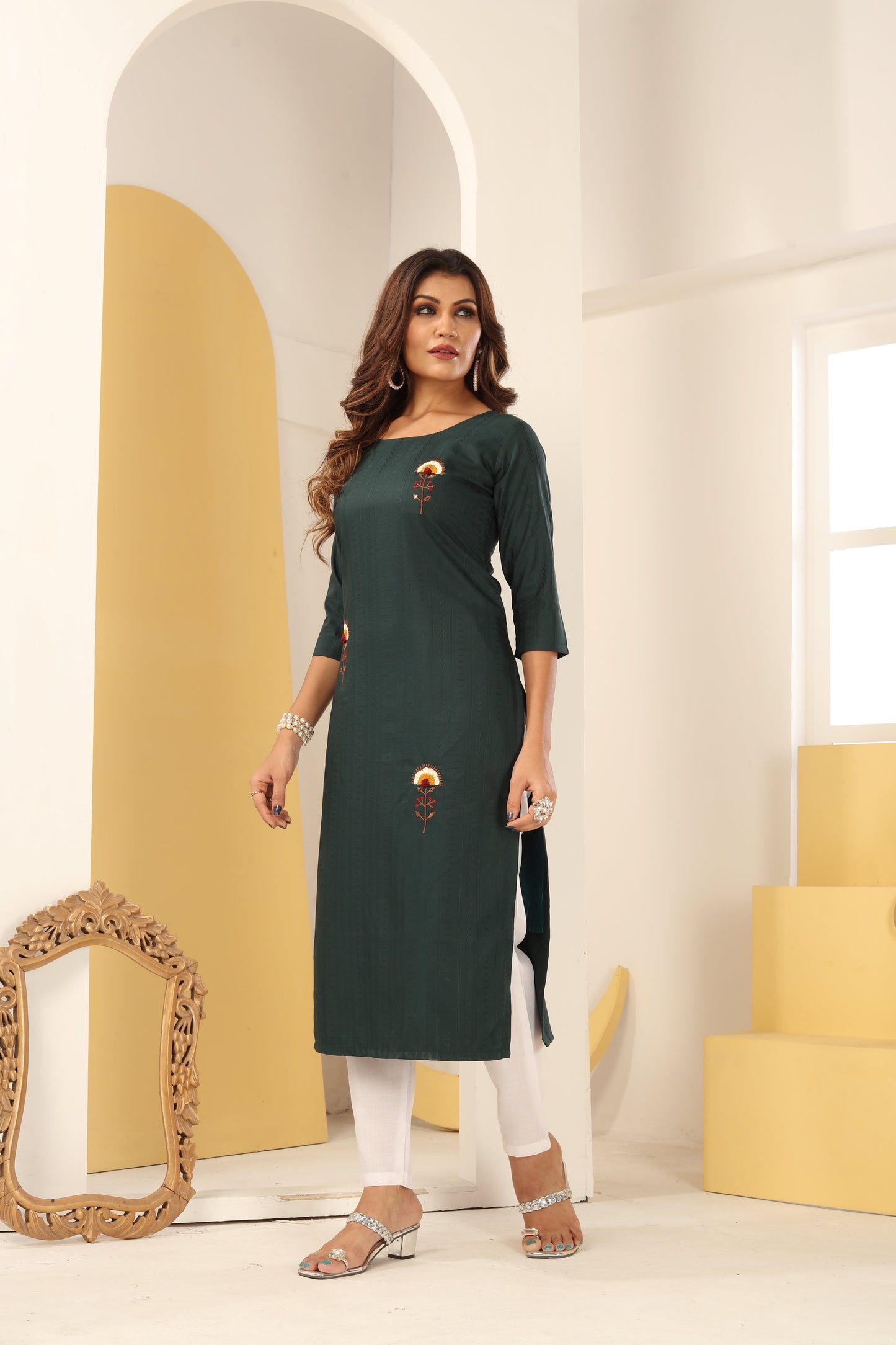 green floral embroidered art silk kurti with pent
