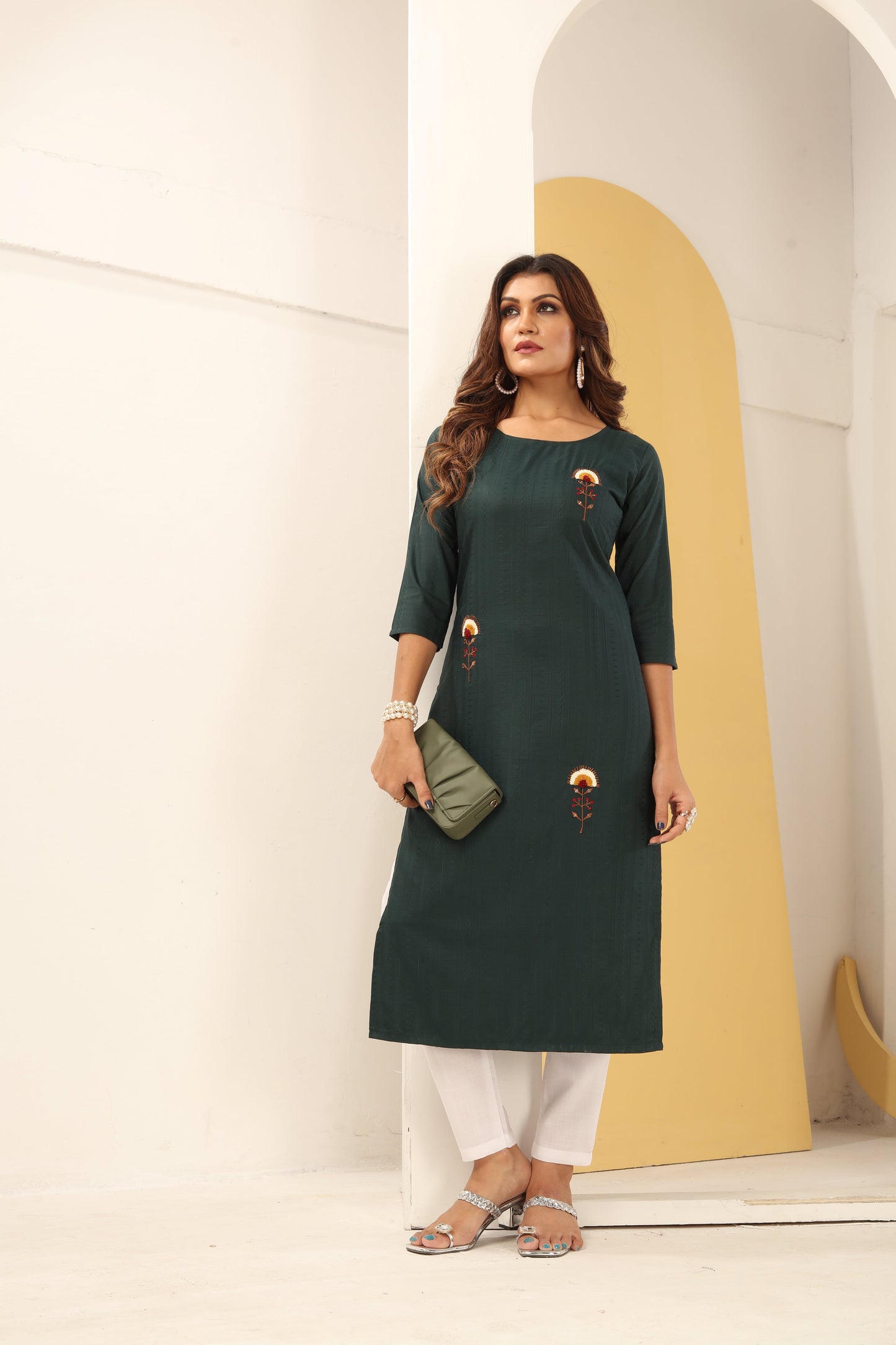 green floral embroidered art silk kurti with pent