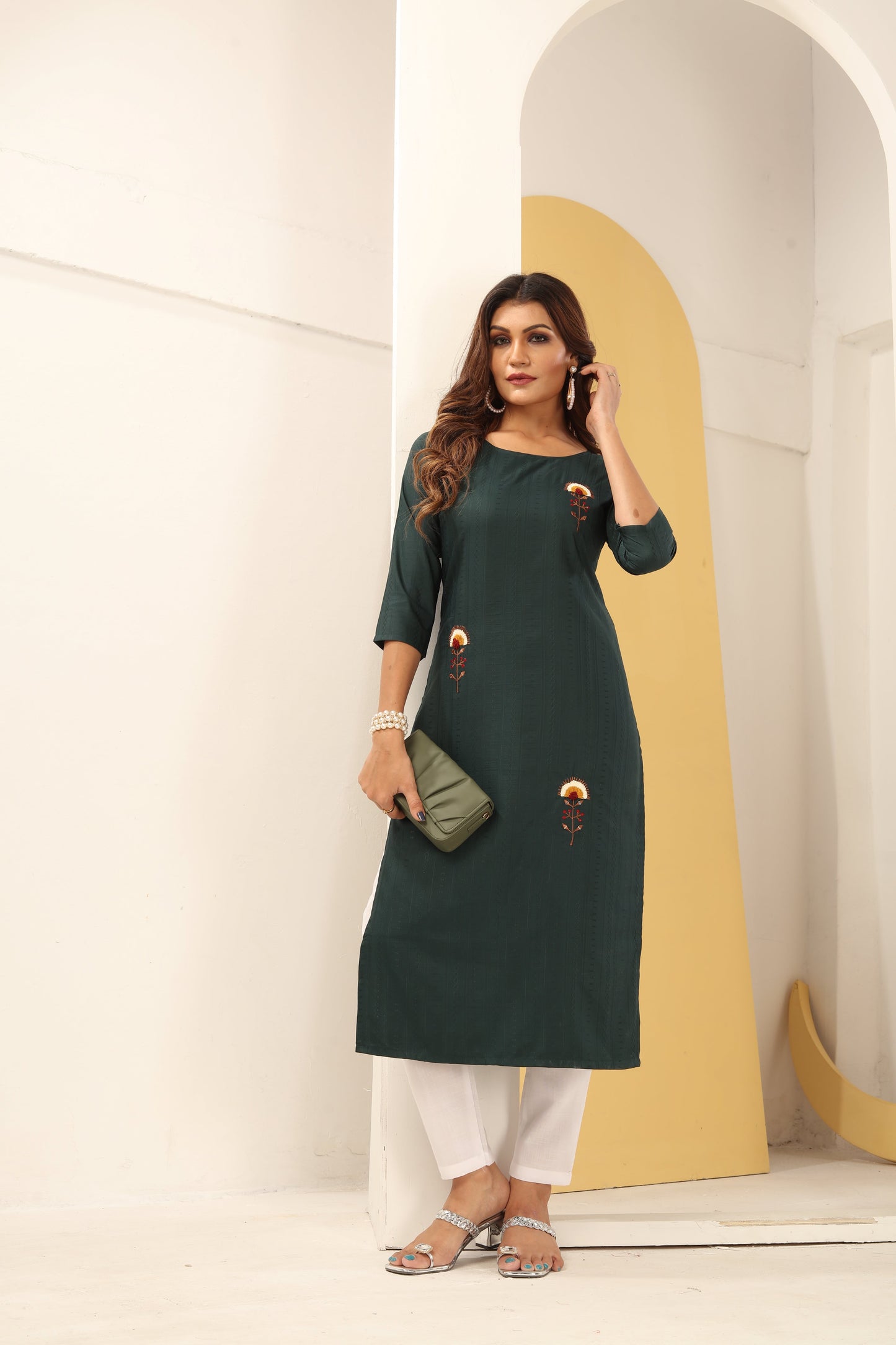 green floral embroidered art silk kurti with pent