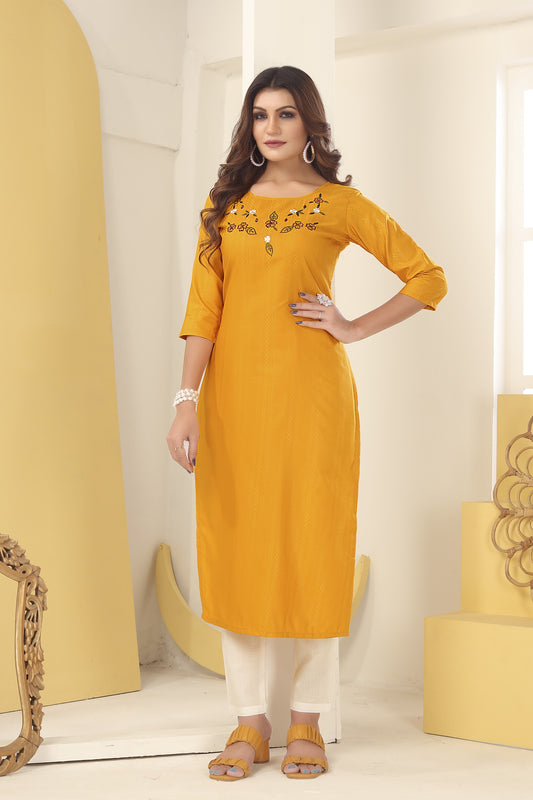 Yellow Floral Embroidered Art Silk Kurti With Pent