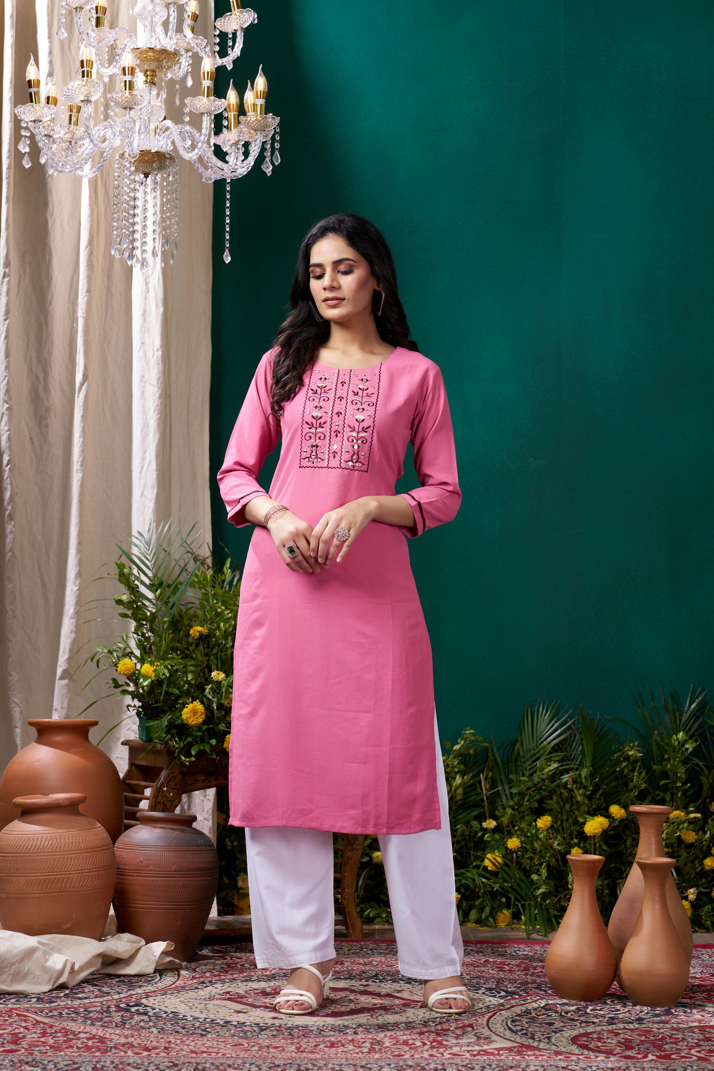 pink embroidered cotton kurta set with pent
