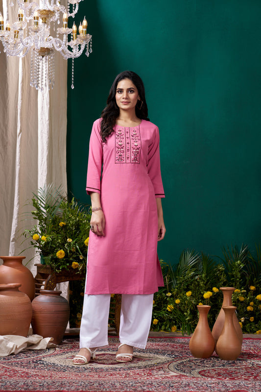 Pink Embroidered Cotton Kurta Set With Pent