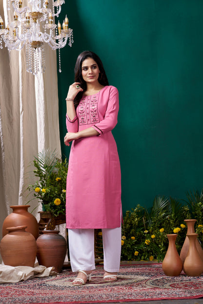 Pink Embroidered Cotton Kurta Set With Pent
