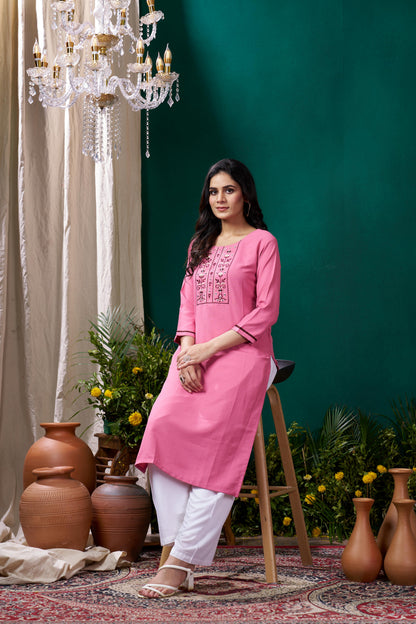 Pink Embroidered Cotton Kurta Set With Pent
