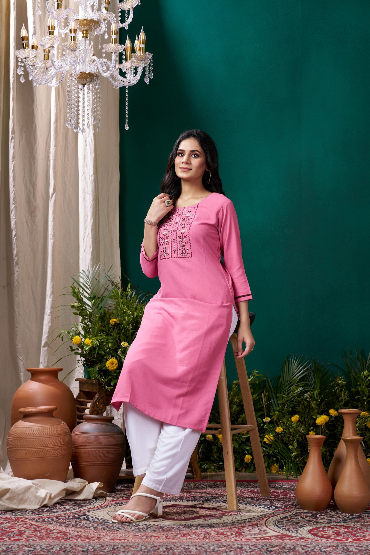 pink embroidered cotton kurta set with pent