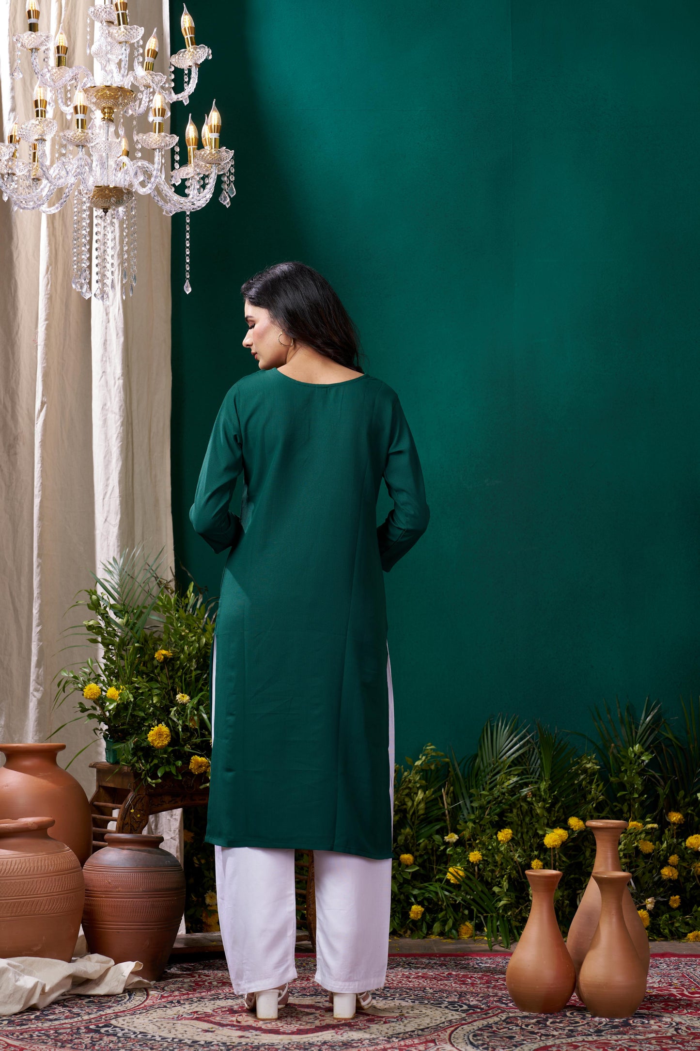 green embroidered cotton kurta set with pent