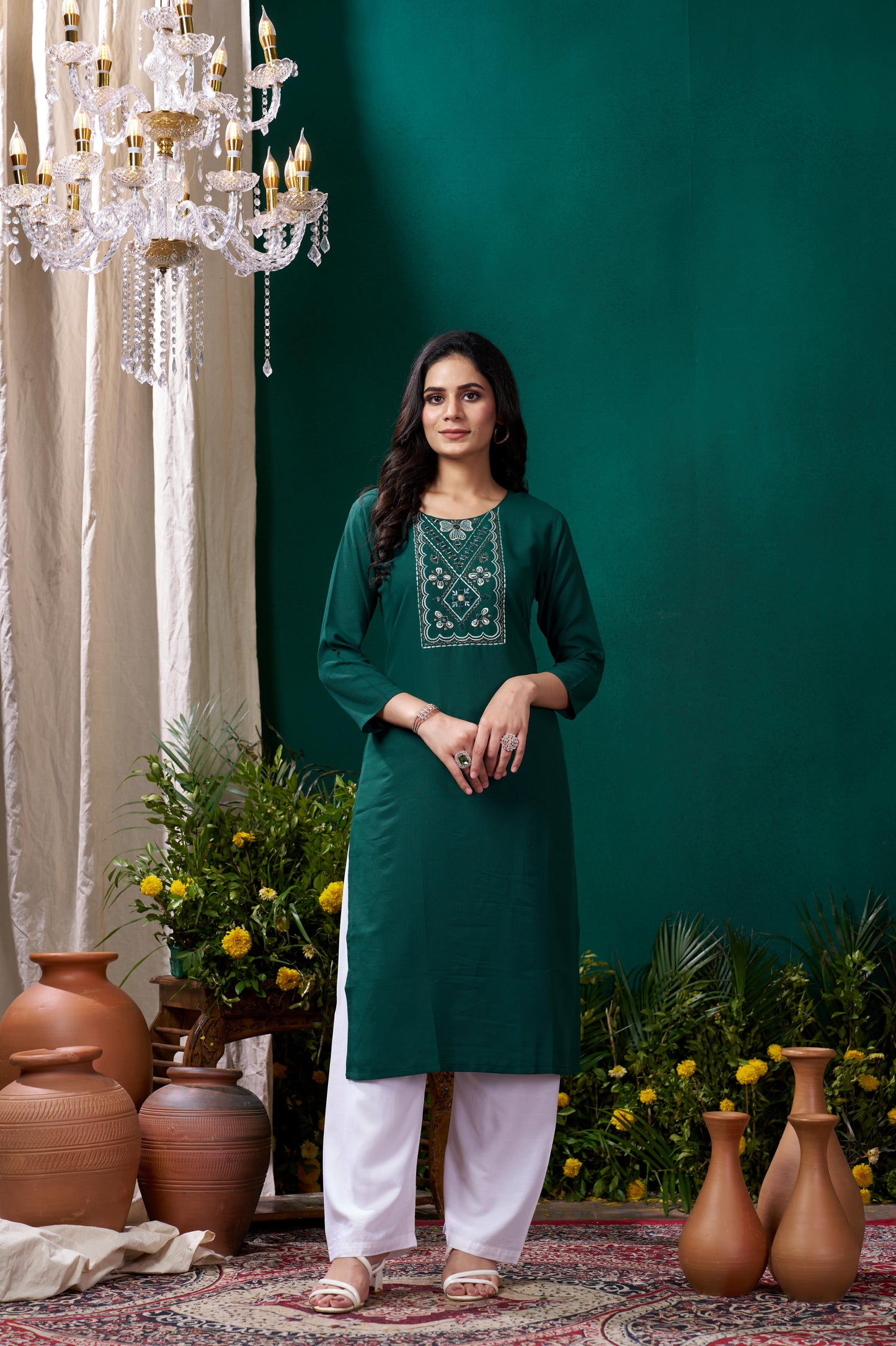 green embroidered cotton kurta set with pent
