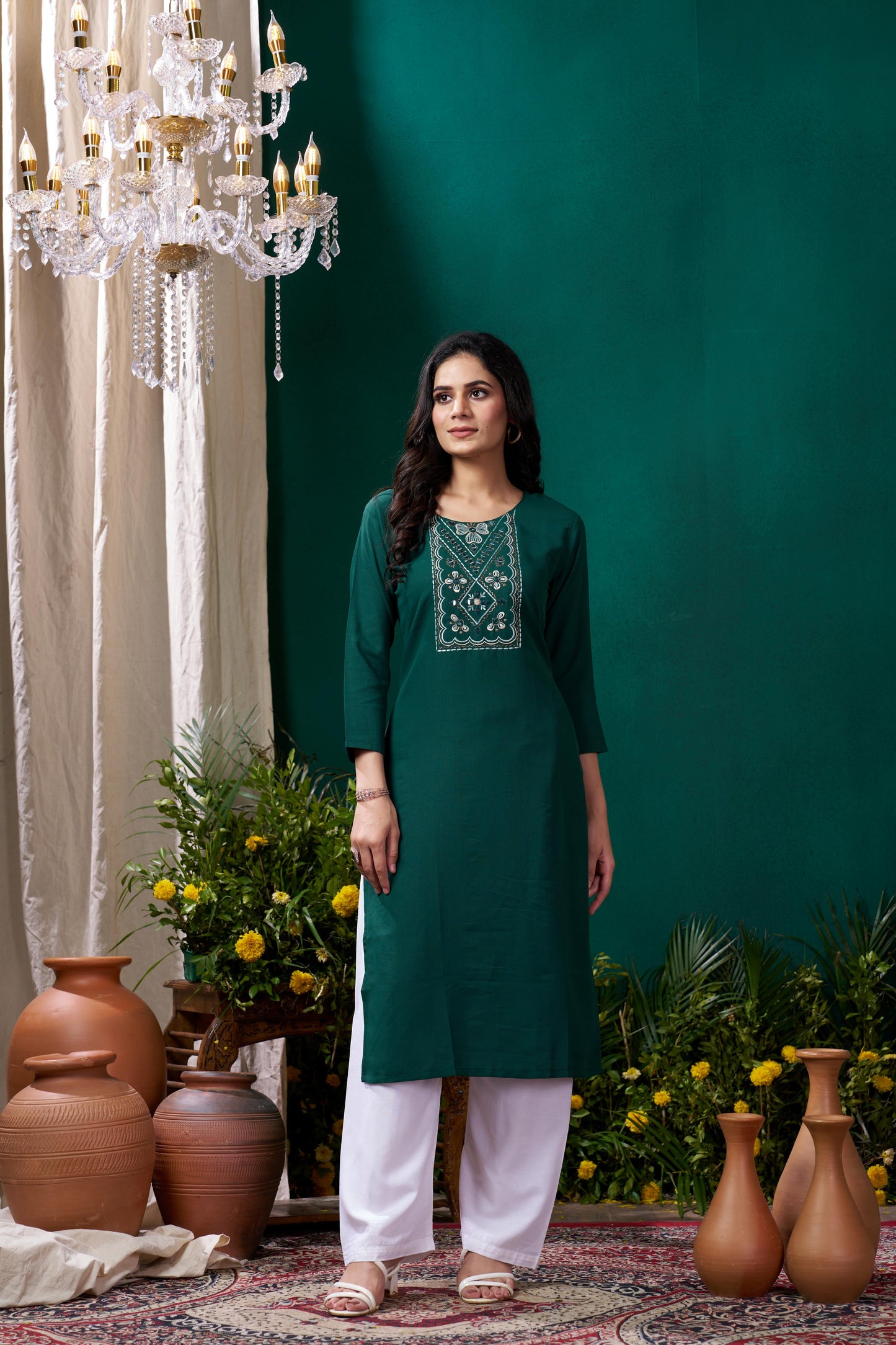 green embroidered cotton kurta set with pent