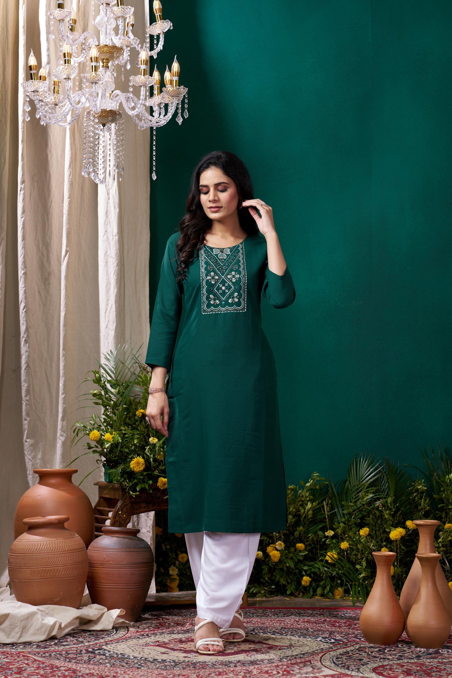 green embroidered cotton kurta set with pent