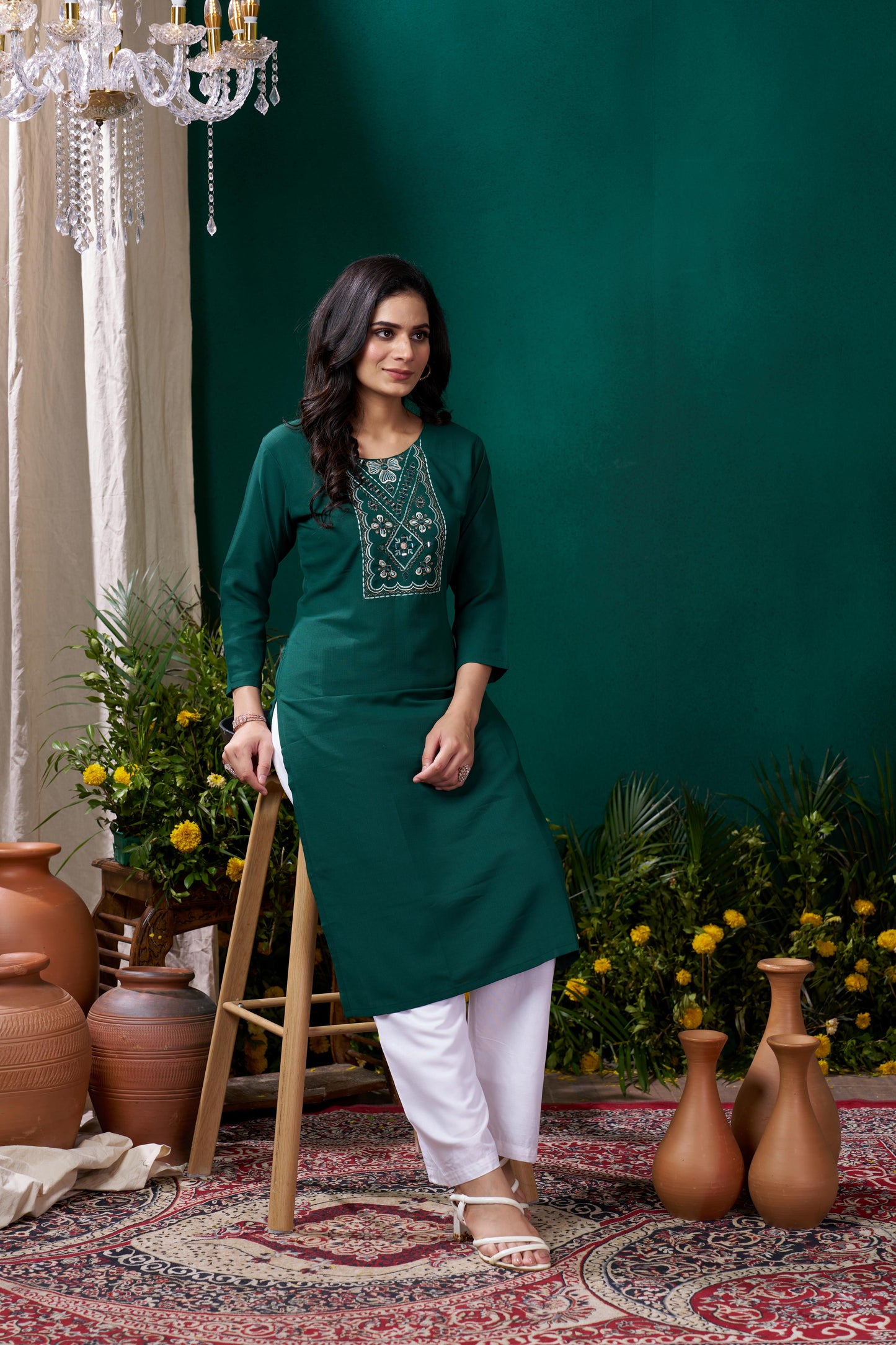 green embroidered cotton kurta set with pent