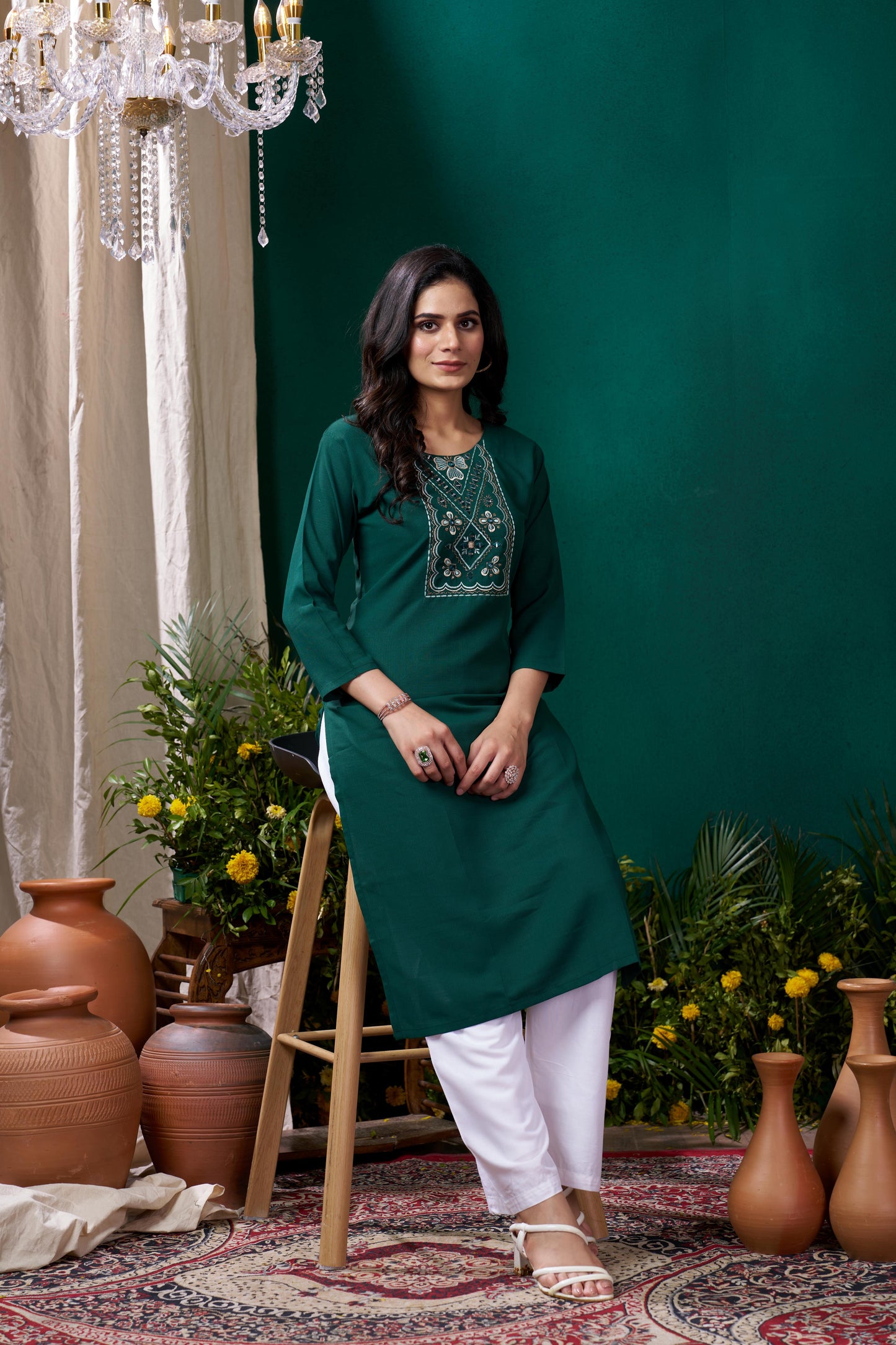 green embroidered cotton kurta set with pent