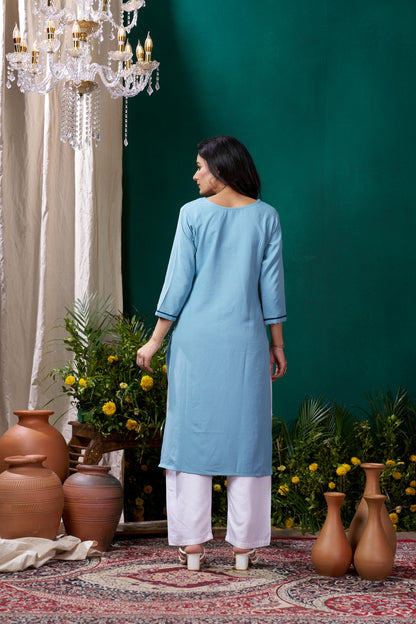 Sky Blue Embroidered Cotton Kurta Set With Pent