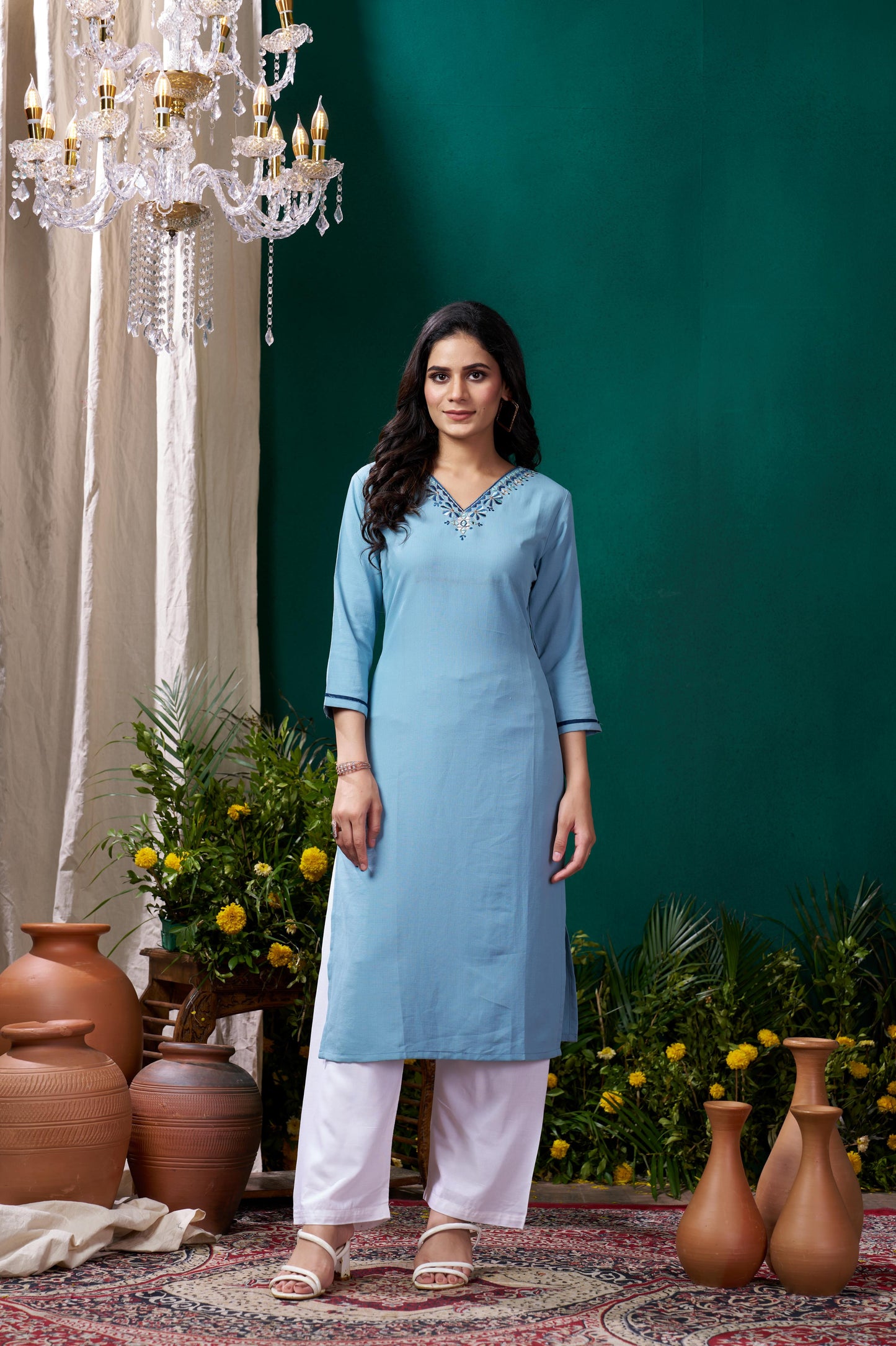 sky blue embroidered cotton kurta set with pent