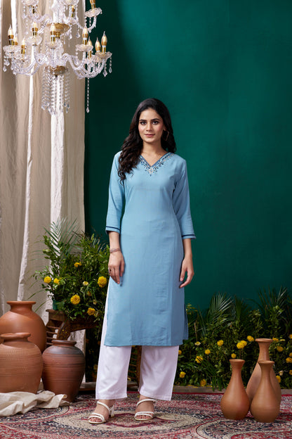 Sky Blue Embroidered Cotton Kurta Set With Pent