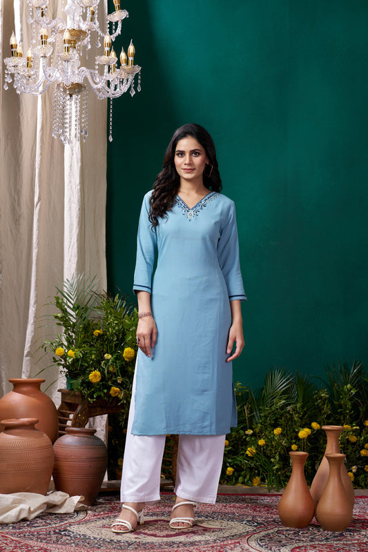Sky Blue Embroidered Cotton Kurta Set With Pent