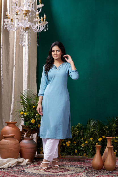 Sky Blue Embroidered Cotton Kurta Set With Pent