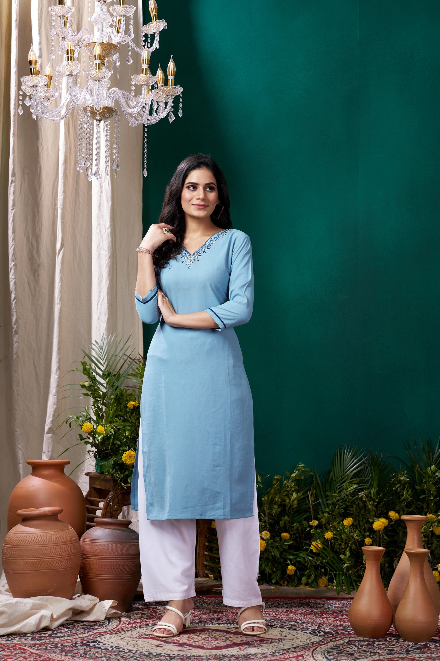 sky blue embroidered cotton kurta set with pent