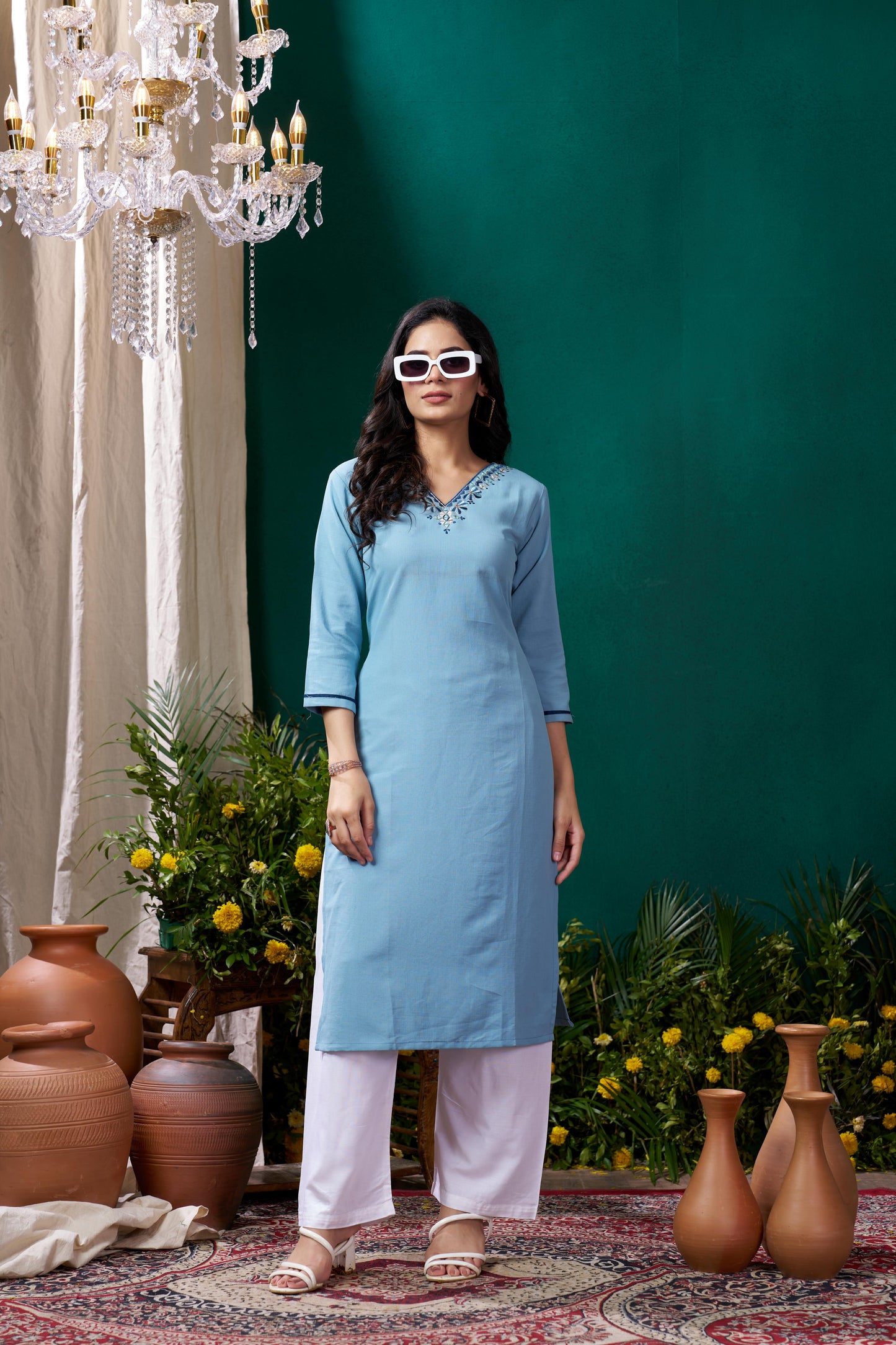 sky blue embroidered cotton kurta set with pent