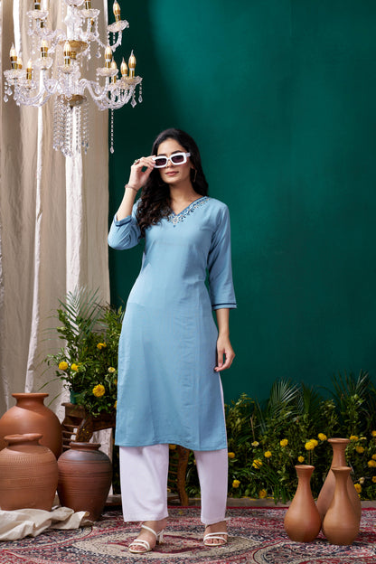 Sky Blue Embroidered Cotton Kurta Set With Pent