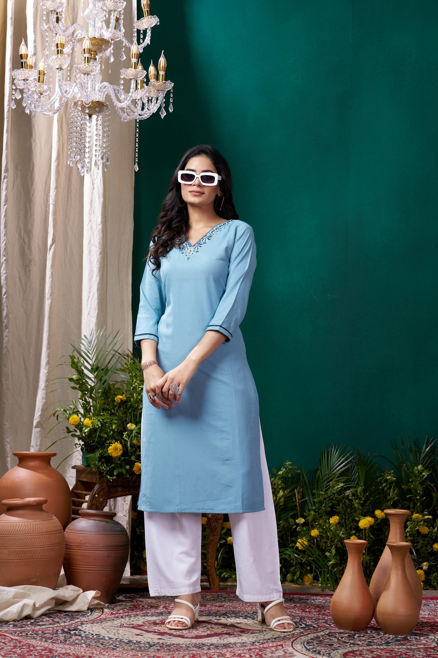 sky blue embroidered cotton kurta set with pent