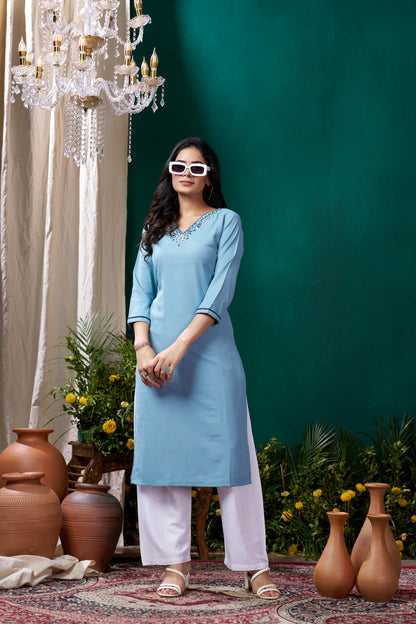 Sky Blue Embroidered Cotton Kurta Set With Pent
