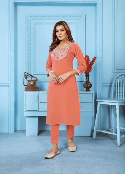 Orange Sequins Embroidered Cotton Blend Kurti Pant Set