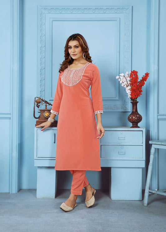 Orange Sequins Embroidered Cotton Blend Kurti Pant Set
