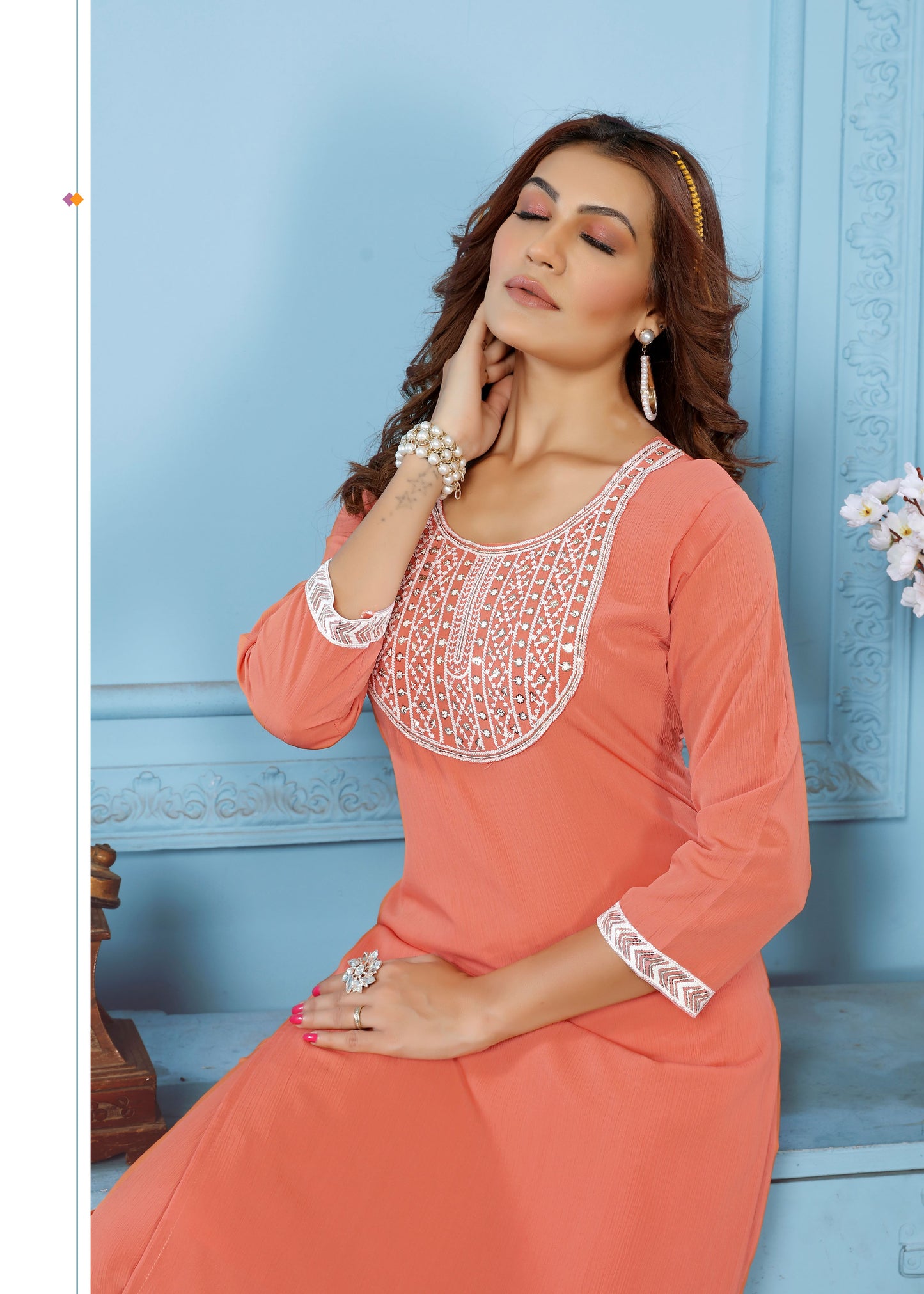 orange sequins embroidered cotton blend kurti pant set