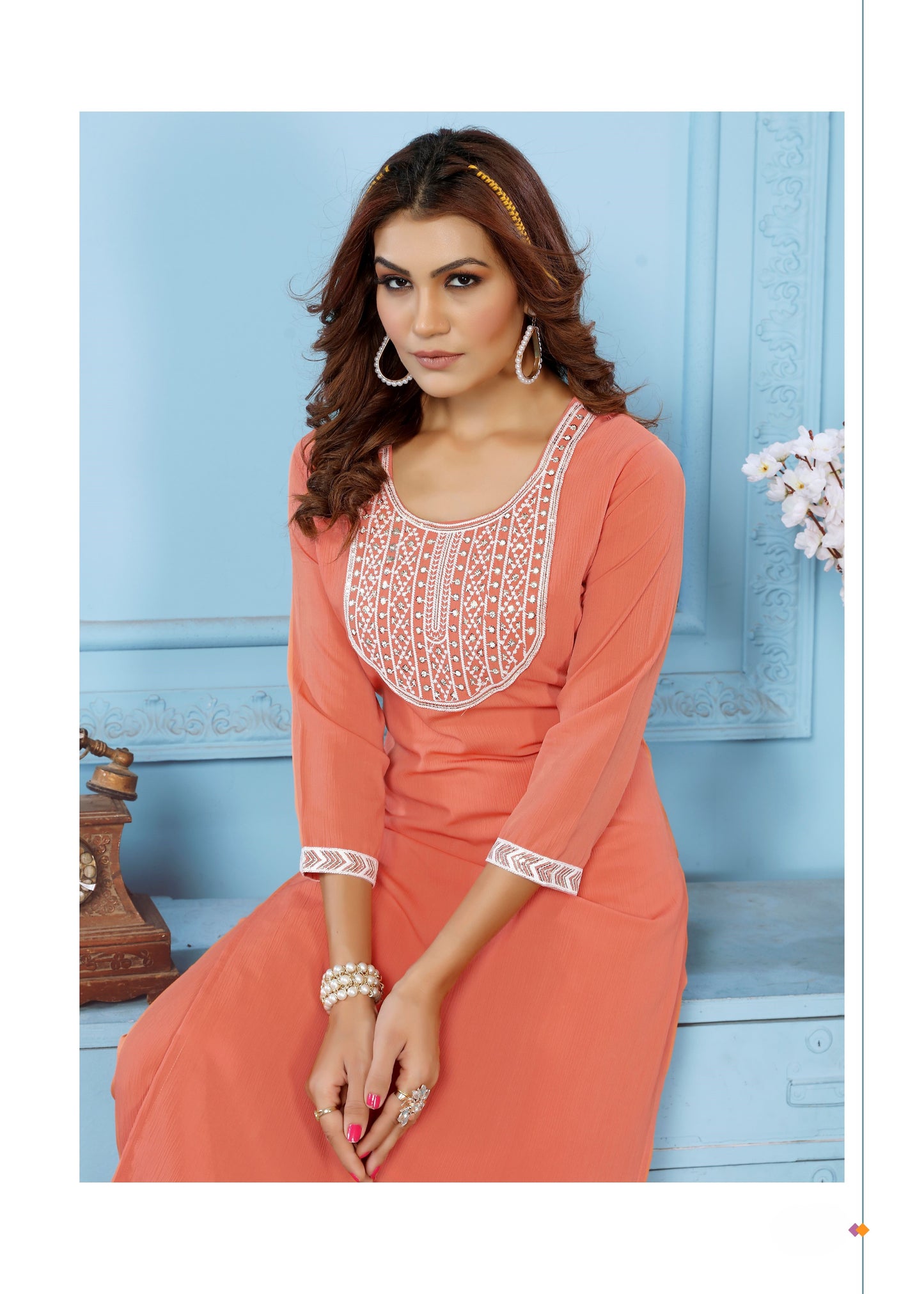 orange sequins embroidered cotton blend kurti pant set